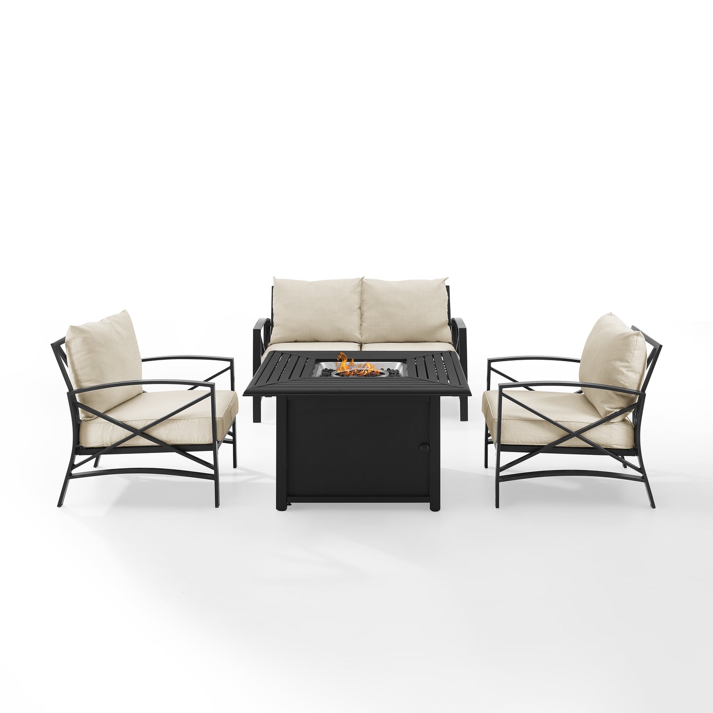 Kaplan 4Pc Outdoor Metal Conversation Set W/Fire Table Oatmeal/Oil Rubbed Bronze - Loveseat, Dante Fire Table, & 2 Arm Chairs