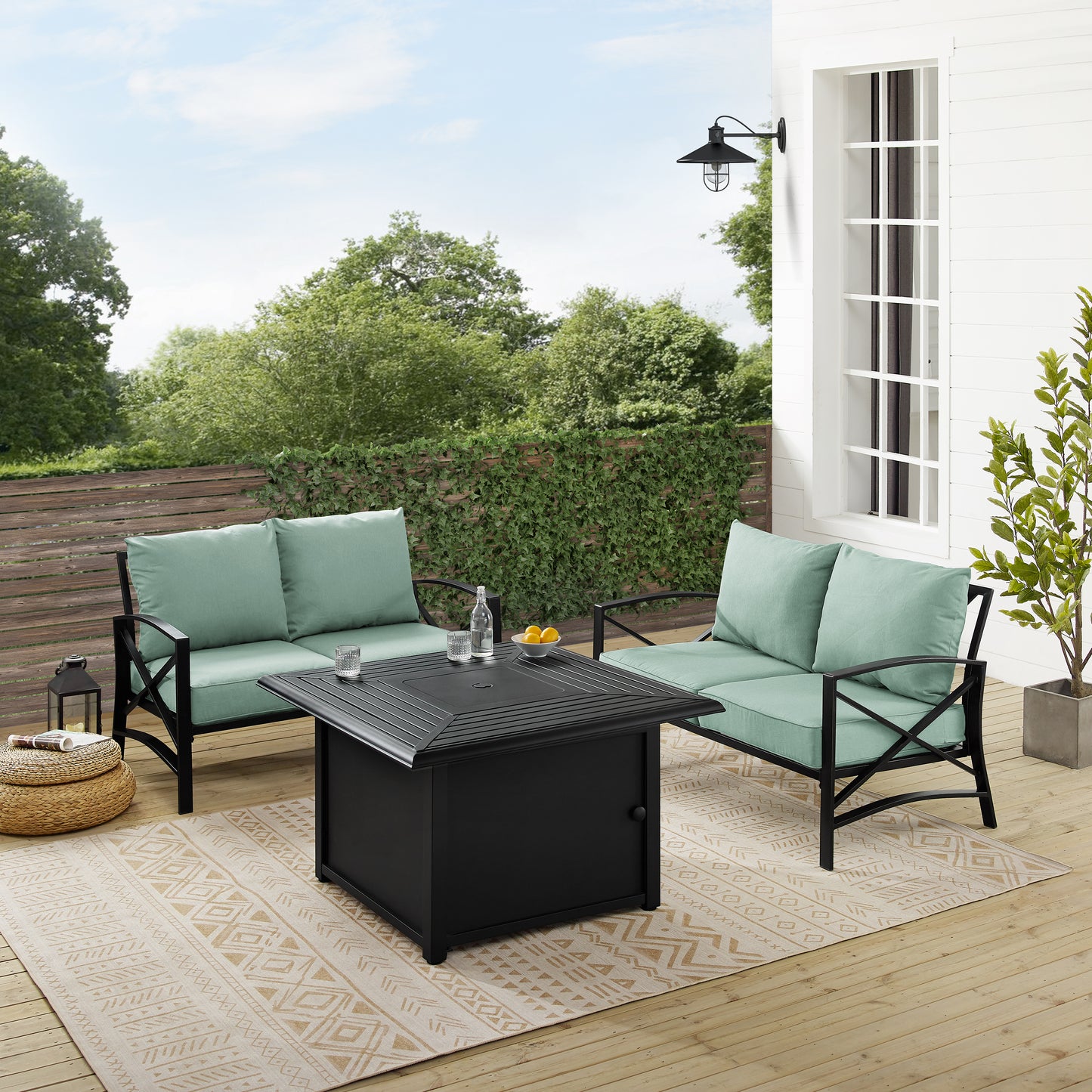 Kaplan 3Pc Outdoor Metal Conversation Set W/Fire Table Mist/Oil Rubbed Bronze - Dante Fire Table & 2 Loveseats