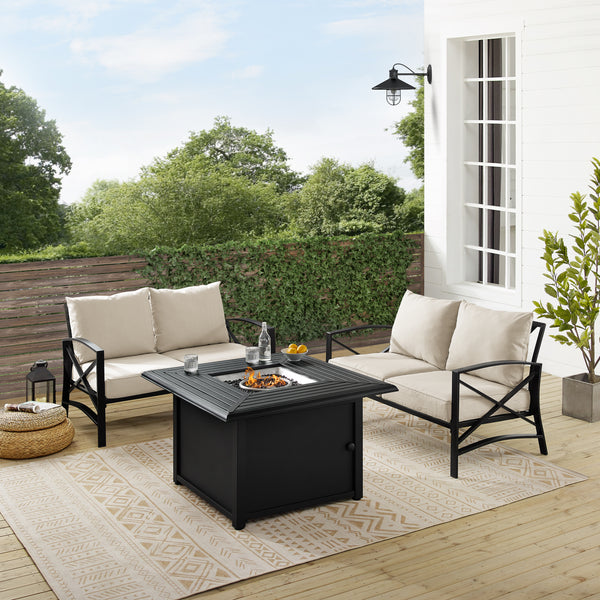 Kaplan 3Pc Outdoor Metal Conversation Set W/Fire Table Oatmeal/Oil Rubbed Bronze - Dante Fire Table & 2 Loveseats