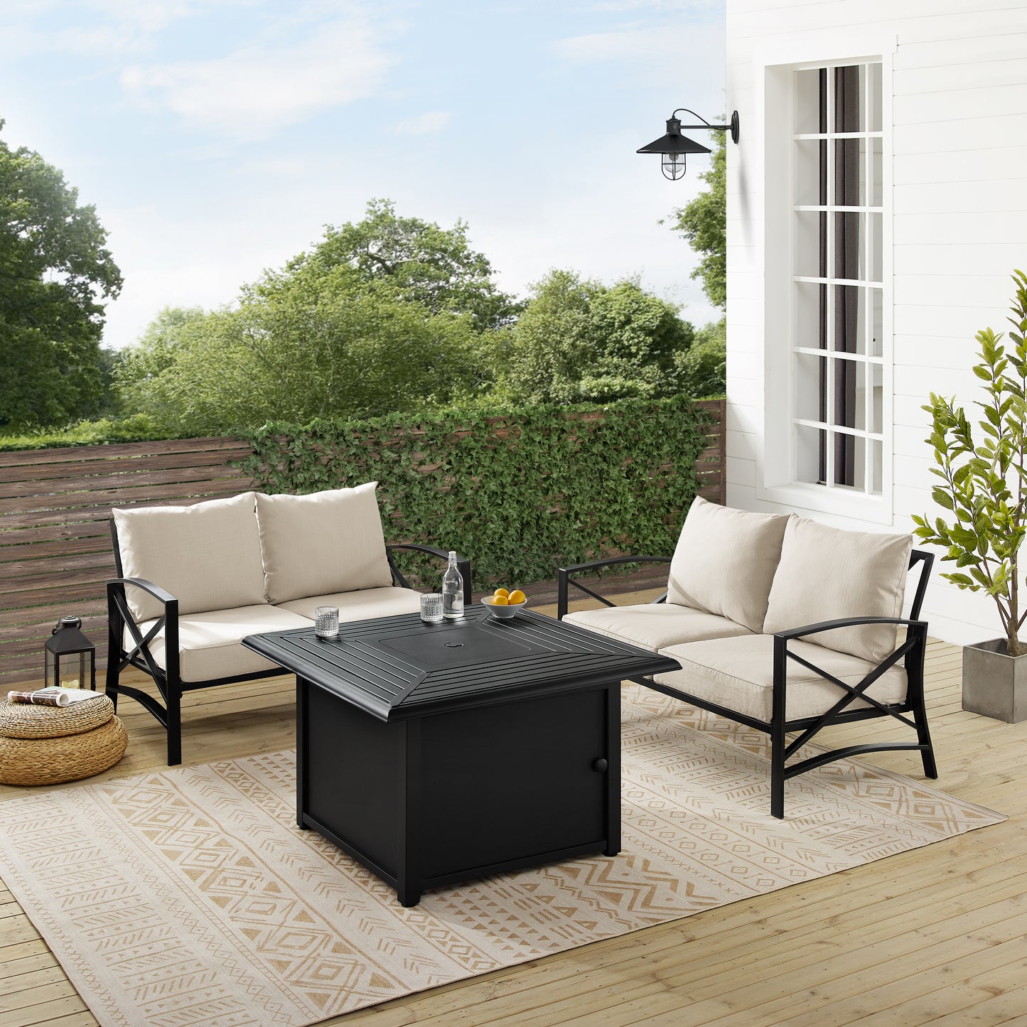 Kaplan 3Pc Outdoor Metal Conversation Set W/Fire Table Oatmeal/Oil Rubbed Bronze - Dante Fire Table & 2 Loveseats