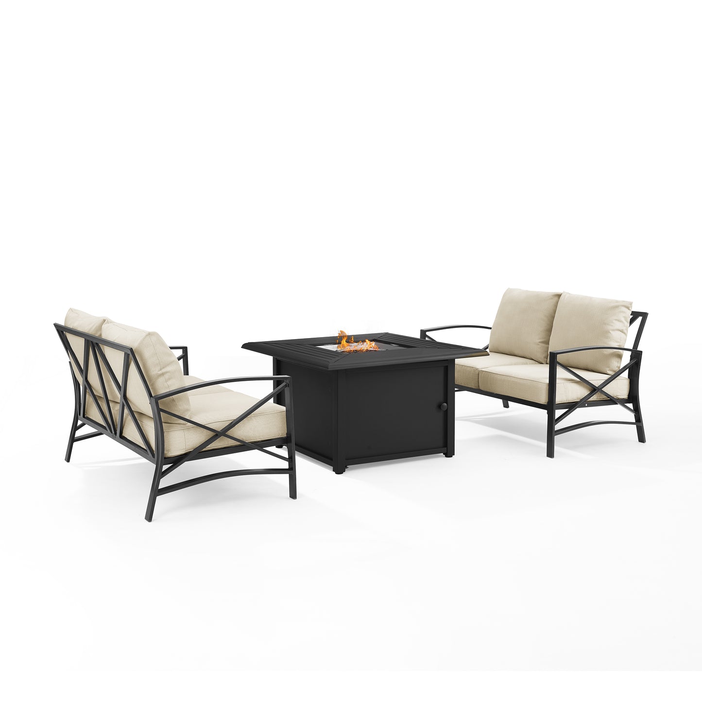 Kaplan 3Pc Outdoor Metal Conversation Set W/Fire Table Oatmeal/Oil Rubbed Bronze - Dante Fire Table & 2 Loveseats