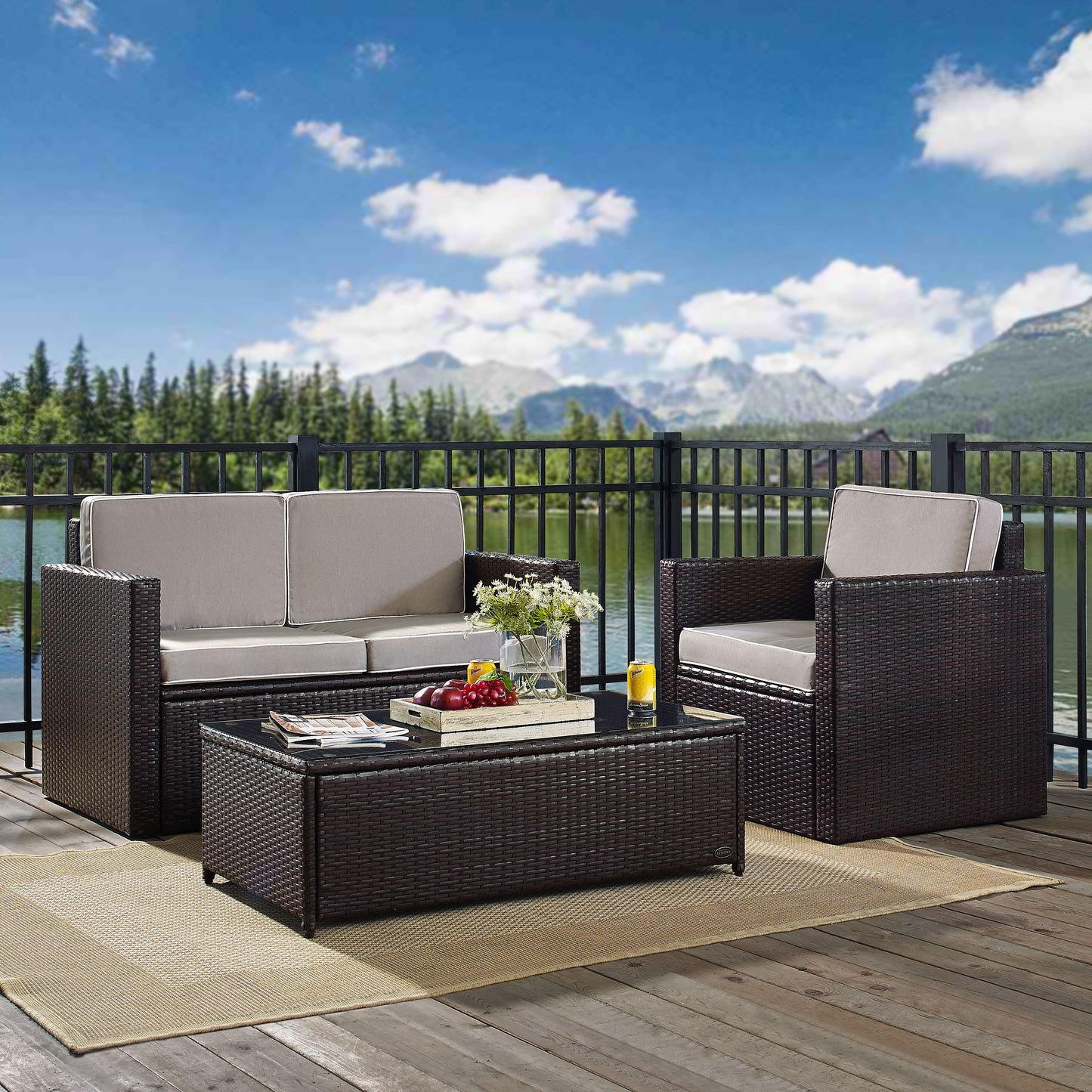 Palm Harbor 3Pc Outdoor Wicker Conversation Set Gray/Brown - Loveseat, Chair, & Coffee Table