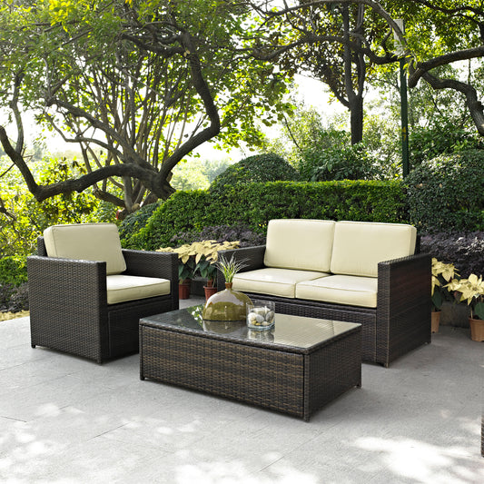 Palm Harbor 3Pc Outdoor Wicker Conversation Set Sand/Brown - Loveseat, Chair, & Coffee Table