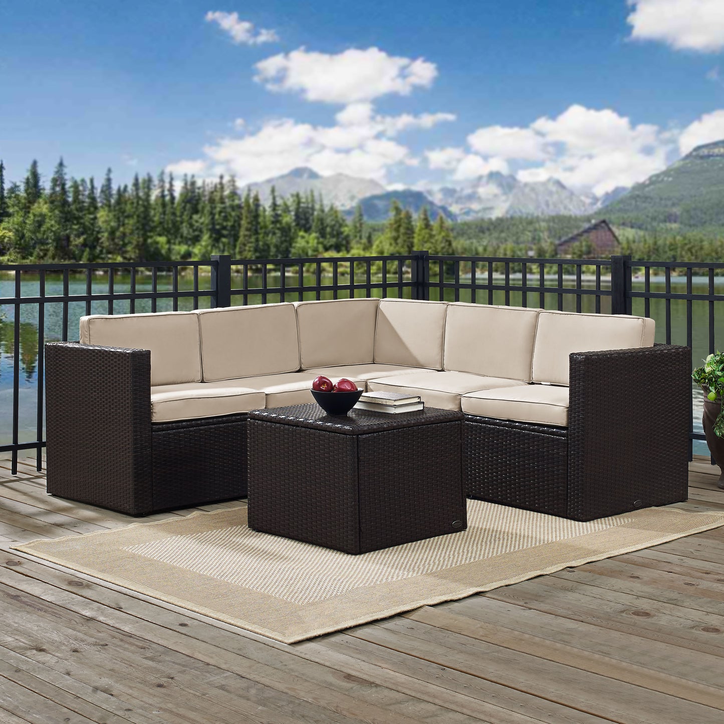 Palm Harbor 6Pc Outdoor Wicker Sectional Set Sand/Brown - Coffee Sectional Table, 3 Corner Chairs, & 2 Center Chairs