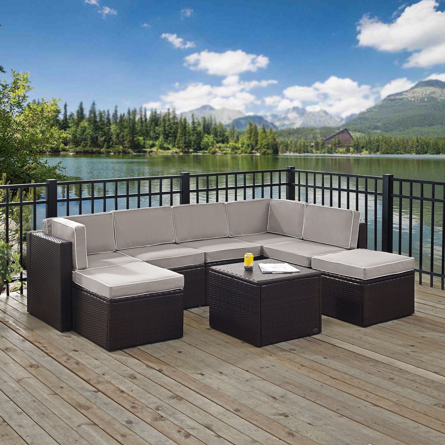 Palm Harbor 8Pc Outdoor Wicker Sectional Set Gray/Brown - Coffee Sectional Table, 3 Center Chairs, 2 Corner Chairs, & 2 Ottomans