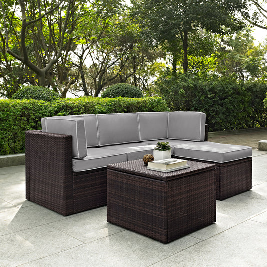 Palm Harbor 5Pc Outdoor Wicker Sectional Set Gray/Brown - Center Chair, Ottoman, Coffee Sectional Table, & 2 Corner Chairs