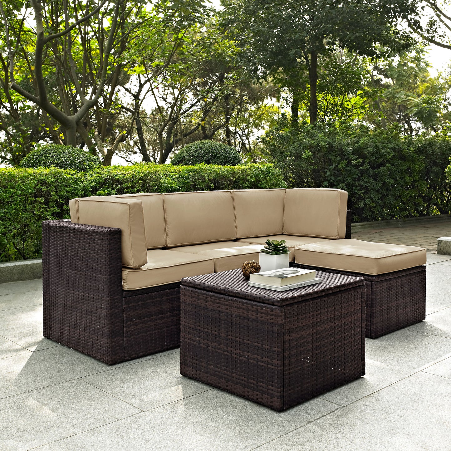 Palm Harbor 5Pc Outdoor Wicker Sectional Set Sand/Brown - Center Chair, Ottoman, Coffee Sectional Table, & 2 Corner Chairs