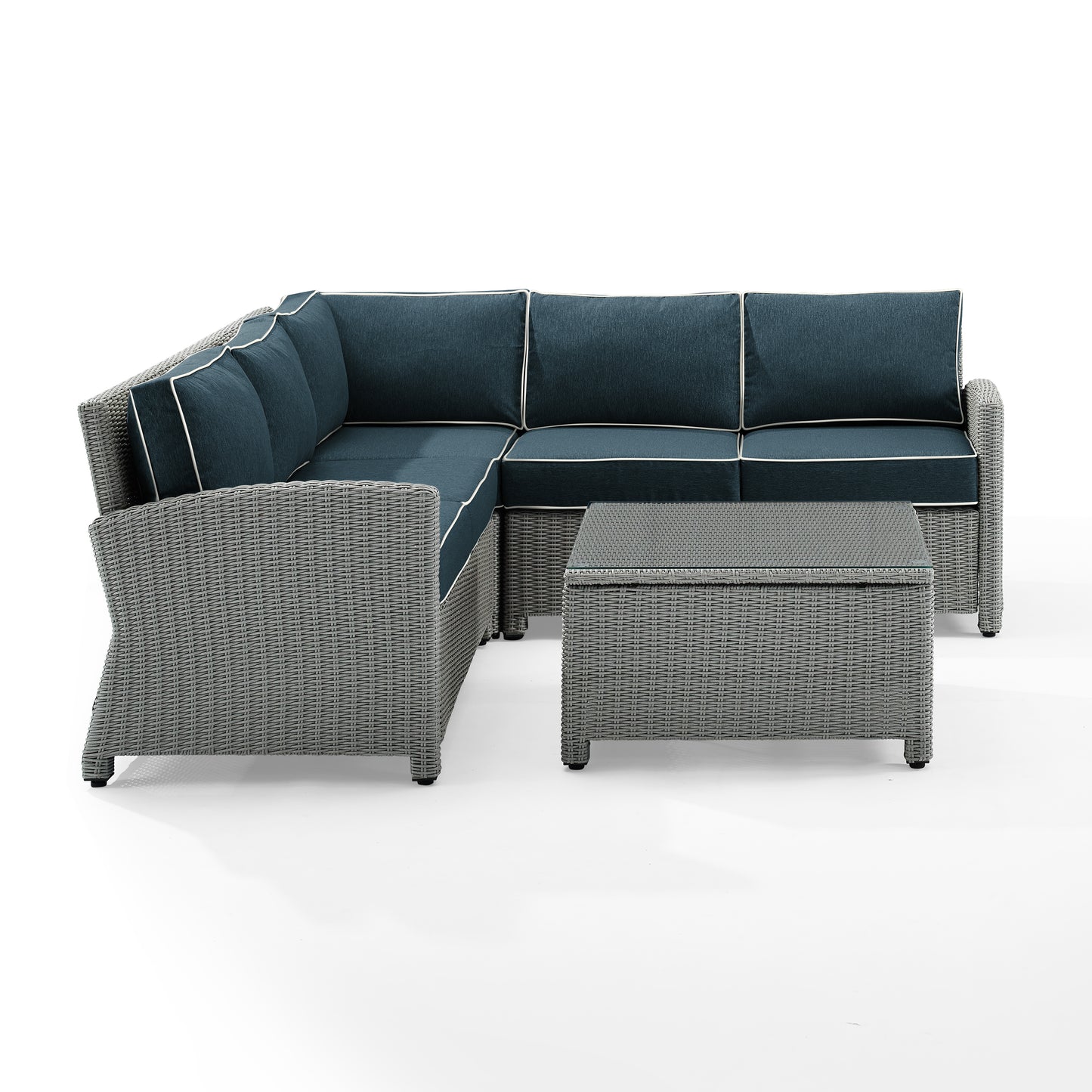 Bradenton 4Pc Outdoor Wicker Sectional Set Navy/Gray - Right Corner Loveseat, Left Corner Loveseat, Corner Chair, & Sectional Glass Top Coffee Table