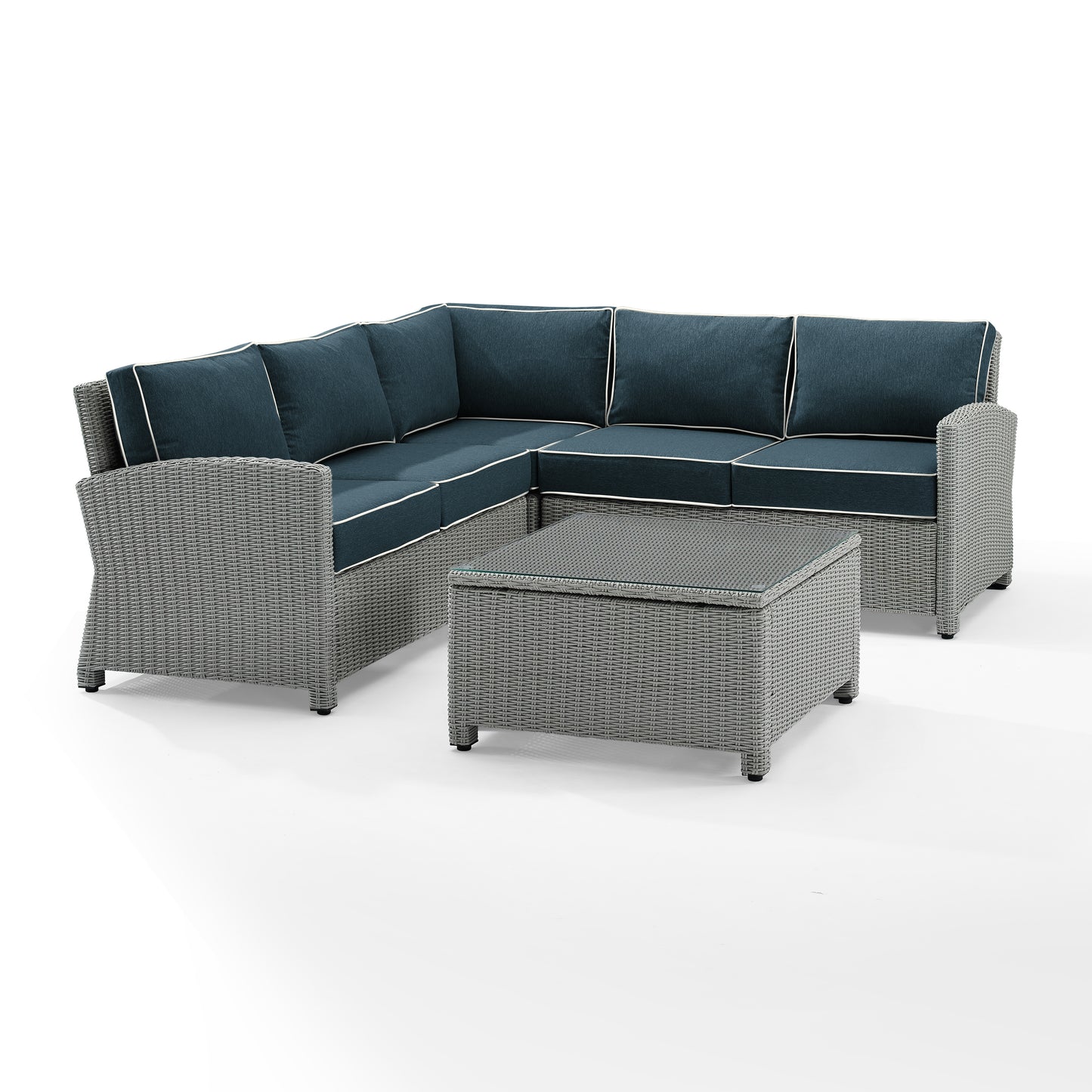 Bradenton 4Pc Outdoor Wicker Sectional Set Navy/Gray - Right Corner Loveseat, Left Corner Loveseat, Corner Chair, & Sectional Glass Top Coffee Table