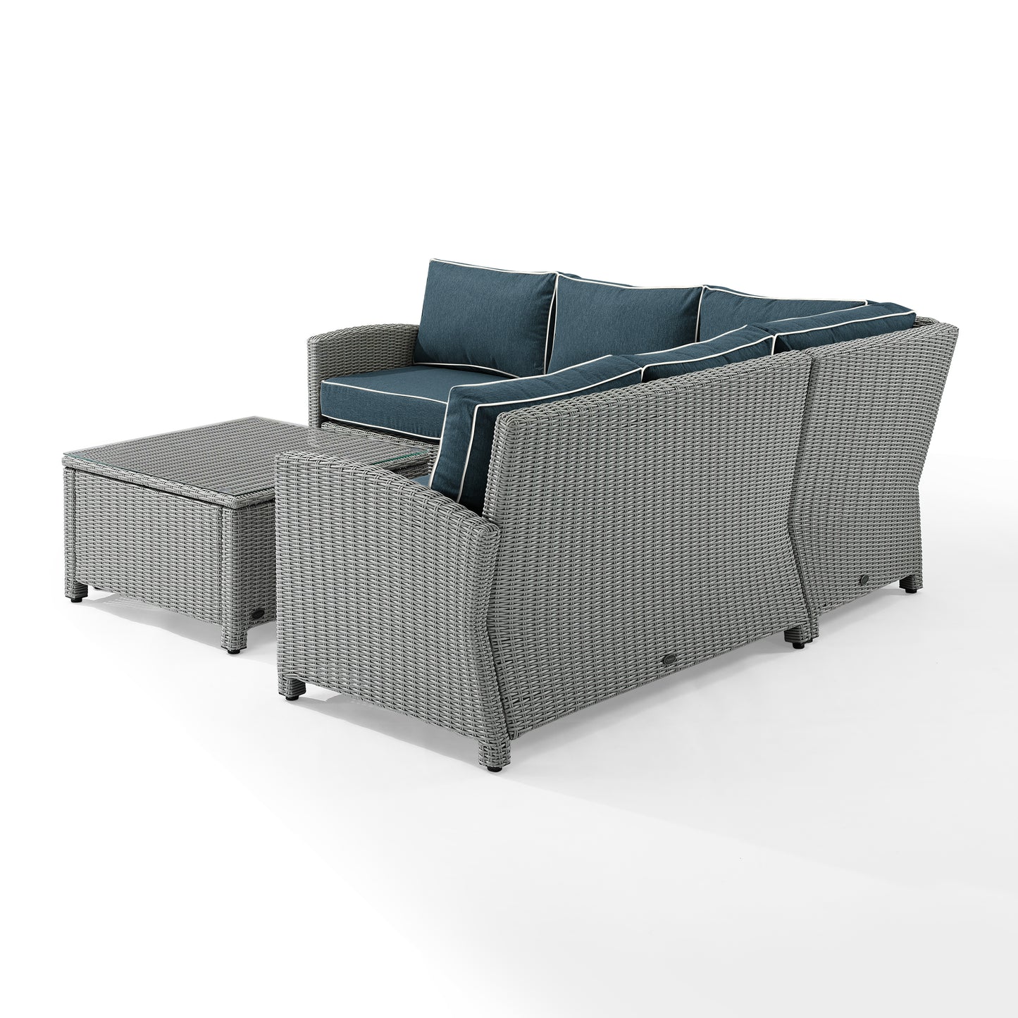 Bradenton 4Pc Outdoor Wicker Sectional Set Navy/Gray - Right Corner Loveseat, Left Corner Loveseat, Corner Chair, & Sectional Glass Top Coffee Table