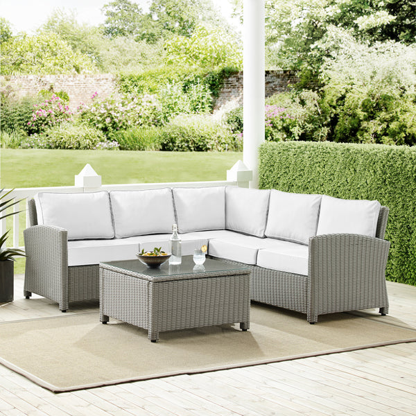 Bradenton 4Pc Outdoor Sectional Set - Sunbrella White/Gray - Right Corner Loveseat, Left Corner Loveseat, Corner Chair, & Sectional Glass Top Coffee Table