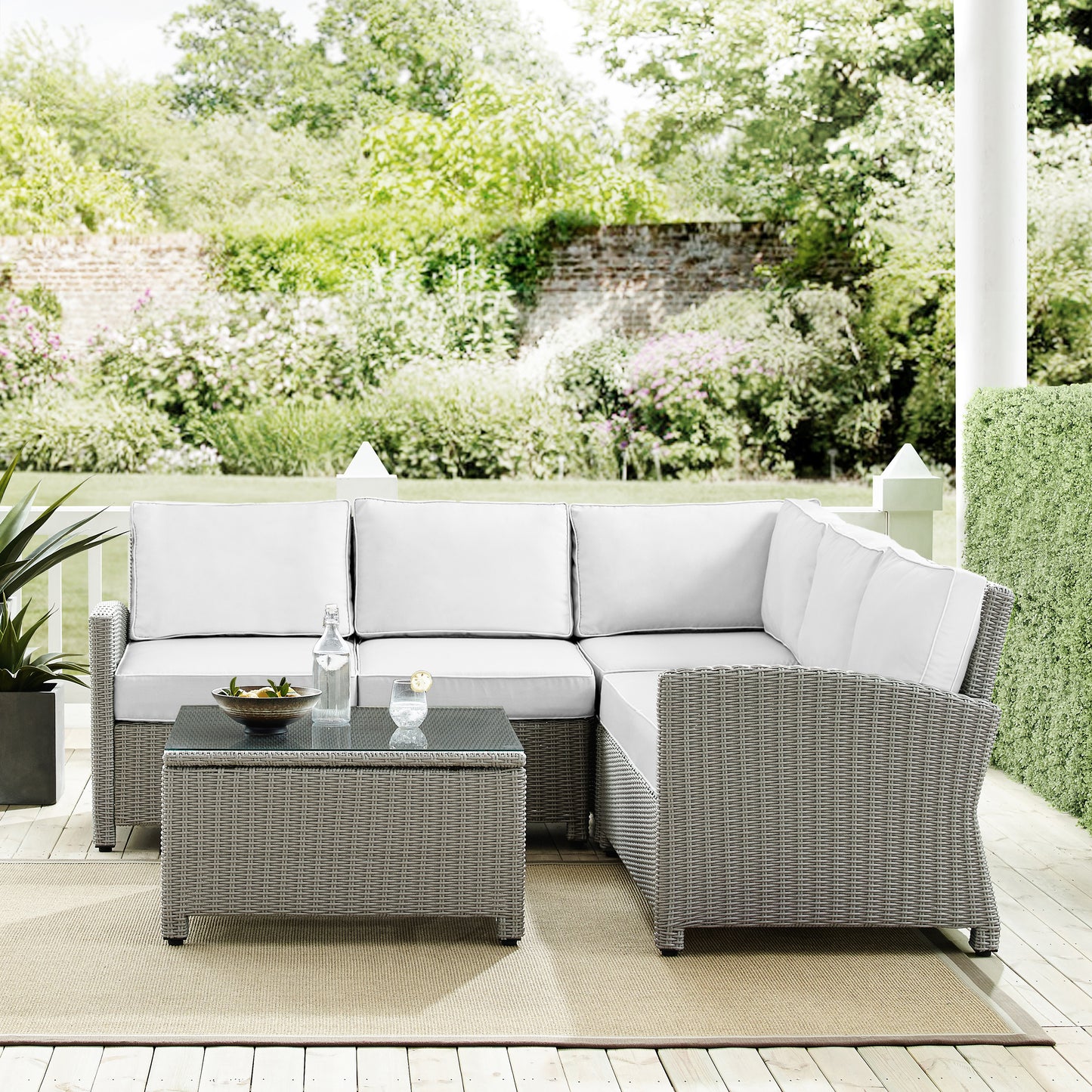 Bradenton 4Pc Outdoor Sectional Set - Sunbrella White/Gray - Right Corner Loveseat, Left Corner Loveseat, Corner Chair, & Sectional Glass Top Coffee Table