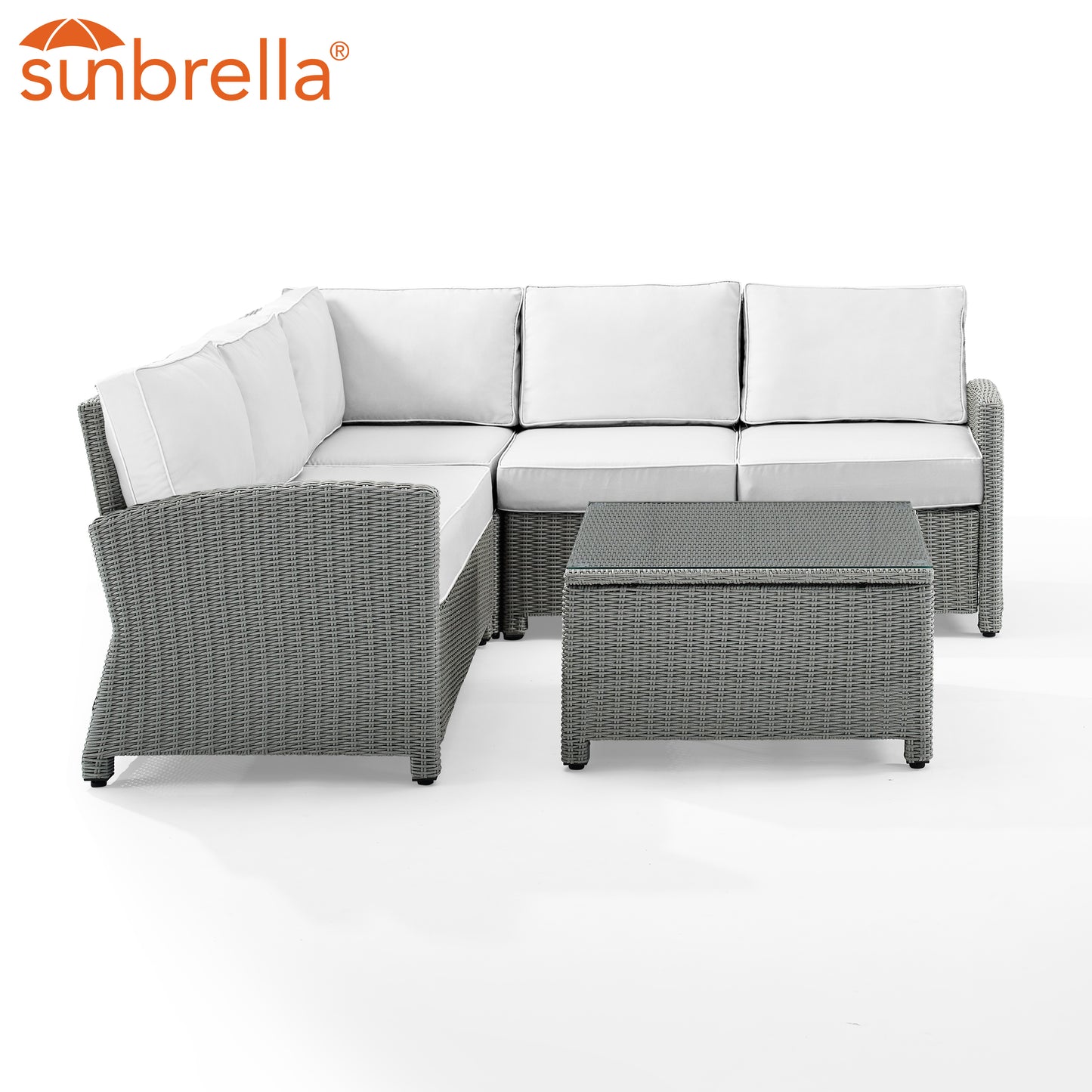 Bradenton 4Pc Outdoor Sectional Set - Sunbrella White/Gray - Right Corner Loveseat, Left Corner Loveseat, Corner Chair, & Sectional Glass Top Coffee Table