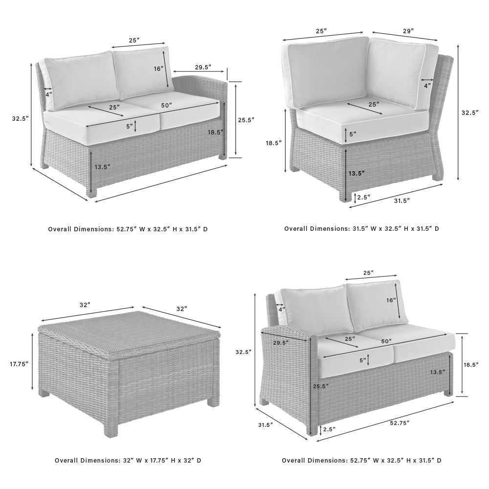 Bradenton 4Pc Outdoor Sectional Set - Sunbrella White/Gray - Right Corner Loveseat, Left Corner Loveseat, Corner Chair, & Sectional Glass Top Coffee Table