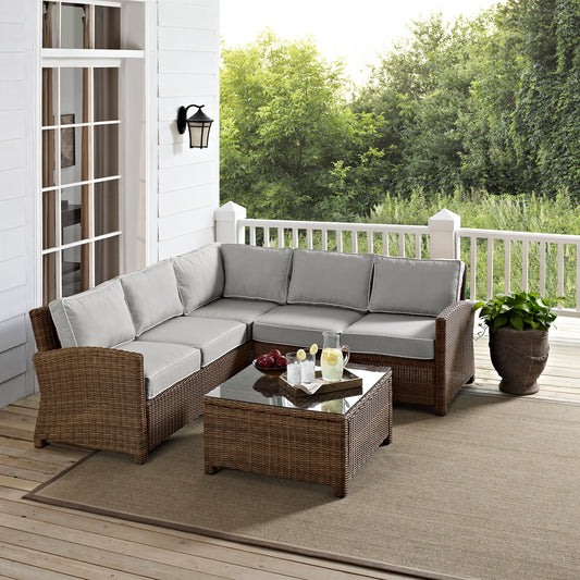 Bradenton 4Pc Outdoor Wicker Sectional Set Gray/Weathered Brown - Right Corner Loveseat, Left Corner Loveseat, Corner Chair, & Sectional Glass Top Coffee Table