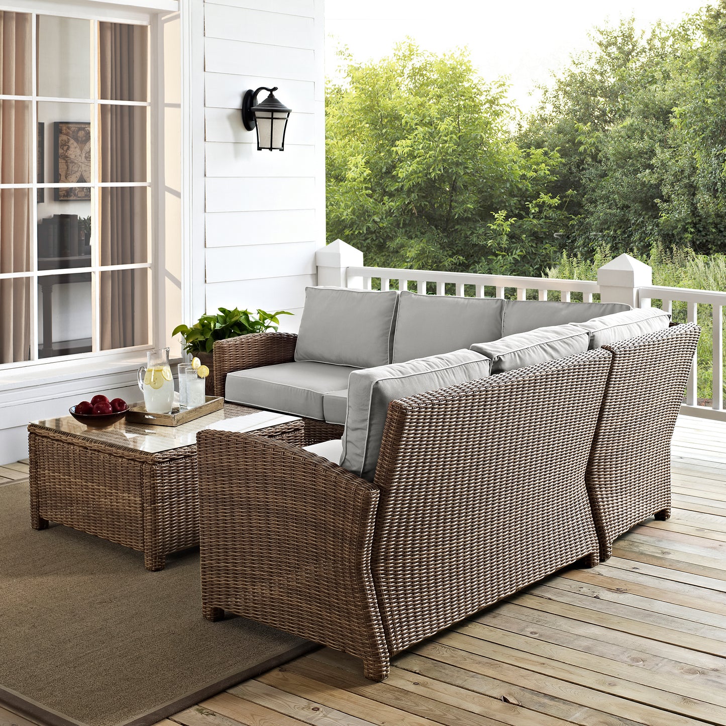 Bradenton 4Pc Outdoor Wicker Sectional Set Gray/Weathered Brown - Right Corner Loveseat, Left Corner Loveseat, Corner Chair, & Sectional Glass Top Coffee Table