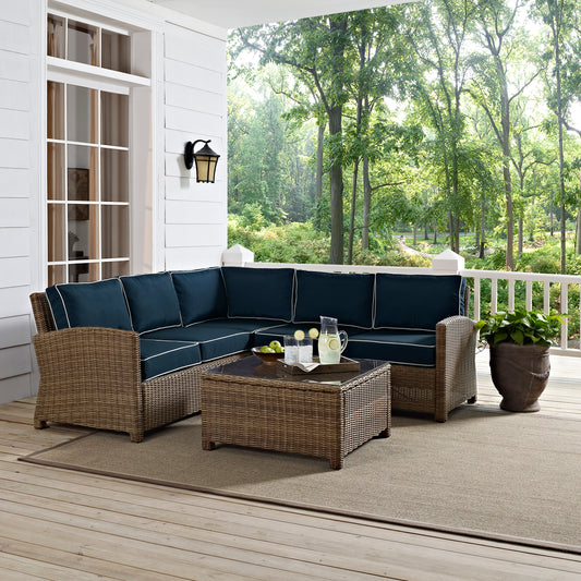 Bradenton 4Pc Outdoor Wicker Sectional Set Navy/Weathered Brown - Right Corner Loveseat, Left Corner Loveseat, Corner Chair, & Sectional Glass Top Coffee Table