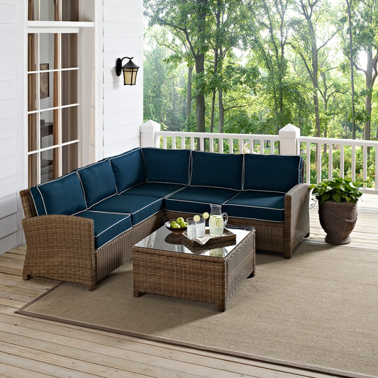 Bradenton 4Pc Outdoor Wicker Sectional Set Navy/Weathered Brown - Right Corner Loveseat, Left Corner Loveseat, Corner Chair, & Sectional Glass Top Coffee Table