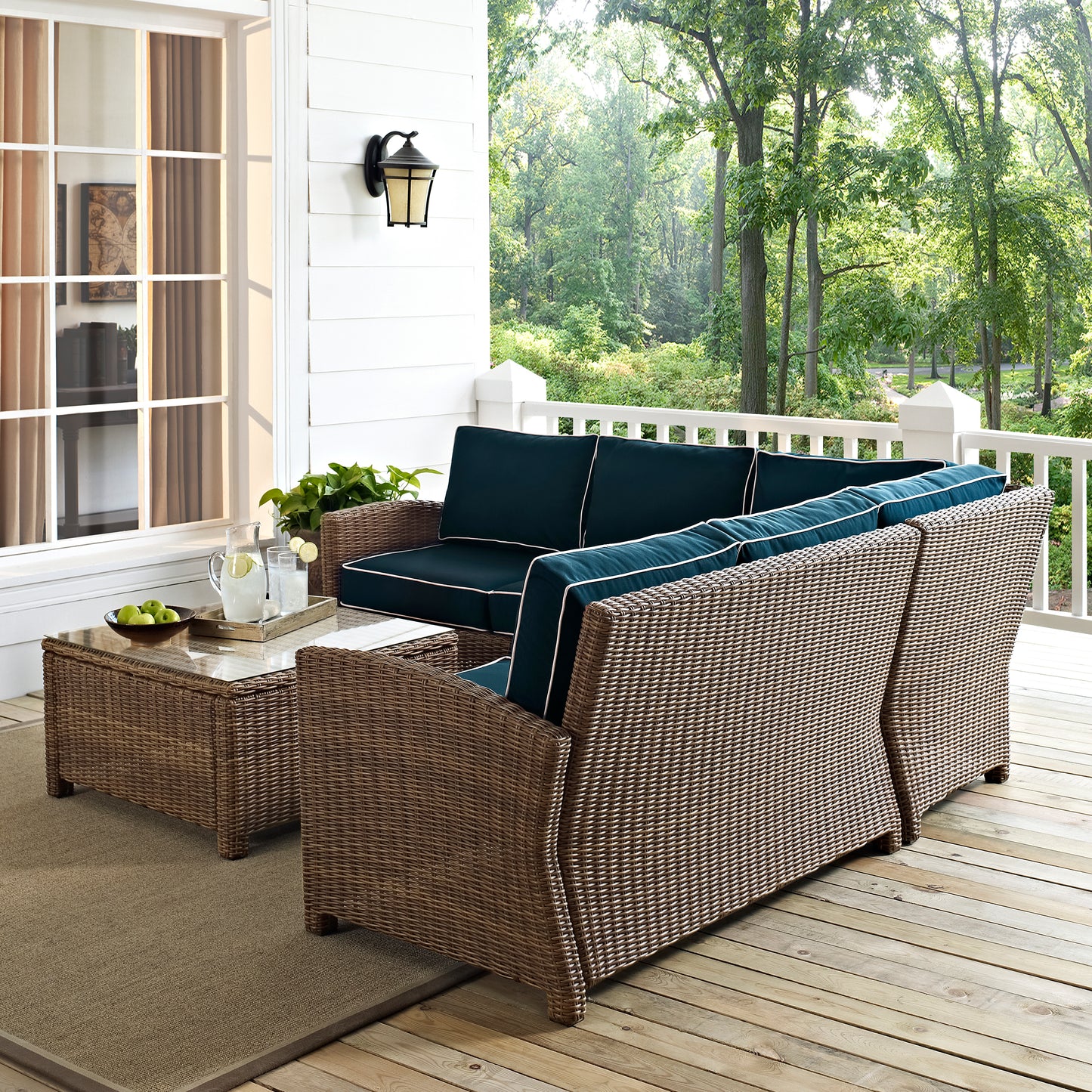 Bradenton 4Pc Outdoor Wicker Sectional Set Navy/Weathered Brown - Right Corner Loveseat, Left Corner Loveseat, Corner Chair, & Sectional Glass Top Coffee Table