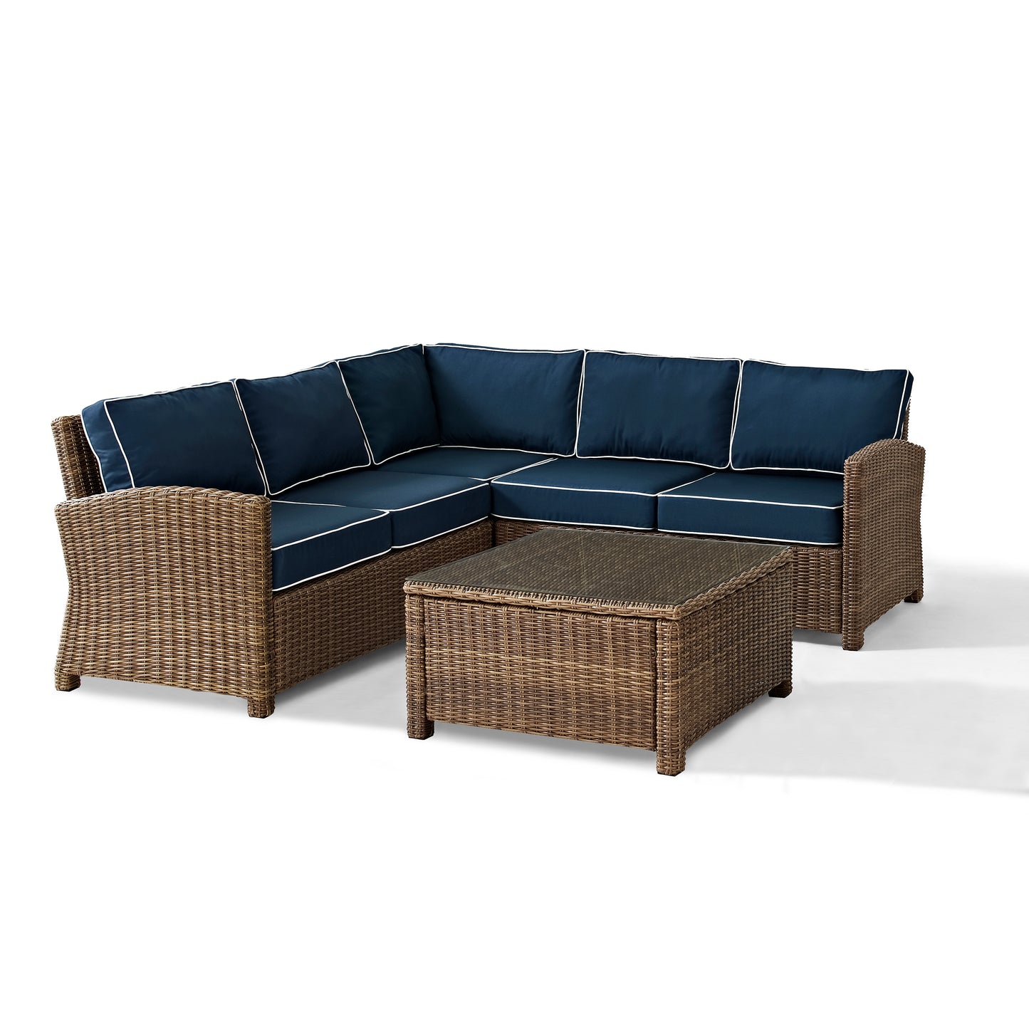 Bradenton 4Pc Outdoor Wicker Sectional Set Navy/Weathered Brown - Right Corner Loveseat, Left Corner Loveseat, Corner Chair, & Sectional Glass Top Coffee Table