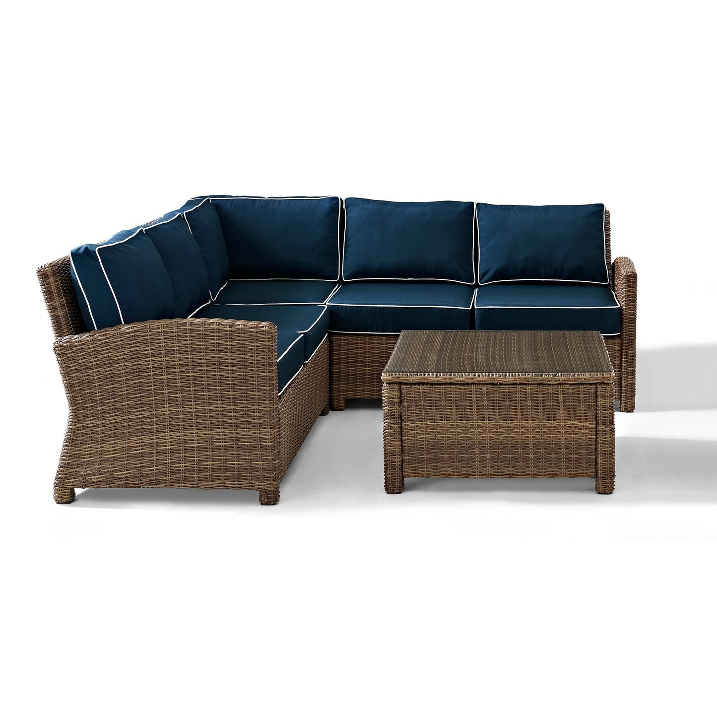 Bradenton 4Pc Outdoor Wicker Sectional Set Navy/Weathered Brown - Right Corner Loveseat, Left Corner Loveseat, Corner Chair, & Sectional Glass Top Coffee Table