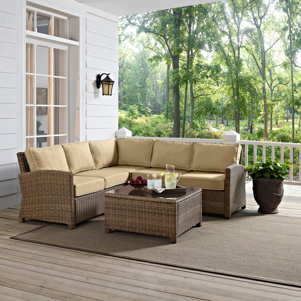 Bradenton 4Pc Outdoor Wicker Sectional Set Sand/Weathered Brown - Right Corner Loveseat, Left Corner Loveseat, Corner Chair, & Sectional Glass Top Coffee Table