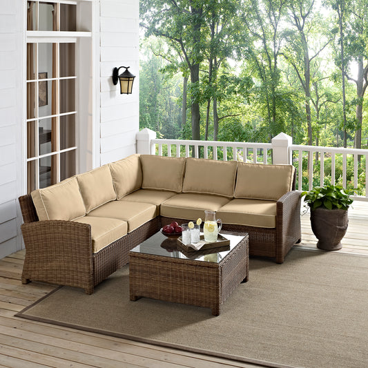 Bradenton 4Pc Outdoor Wicker Sectional Set Sand/Weathered Brown - Right Corner Loveseat, Left Corner Loveseat, Corner Chair, & Sectional Glass Top Coffee Table