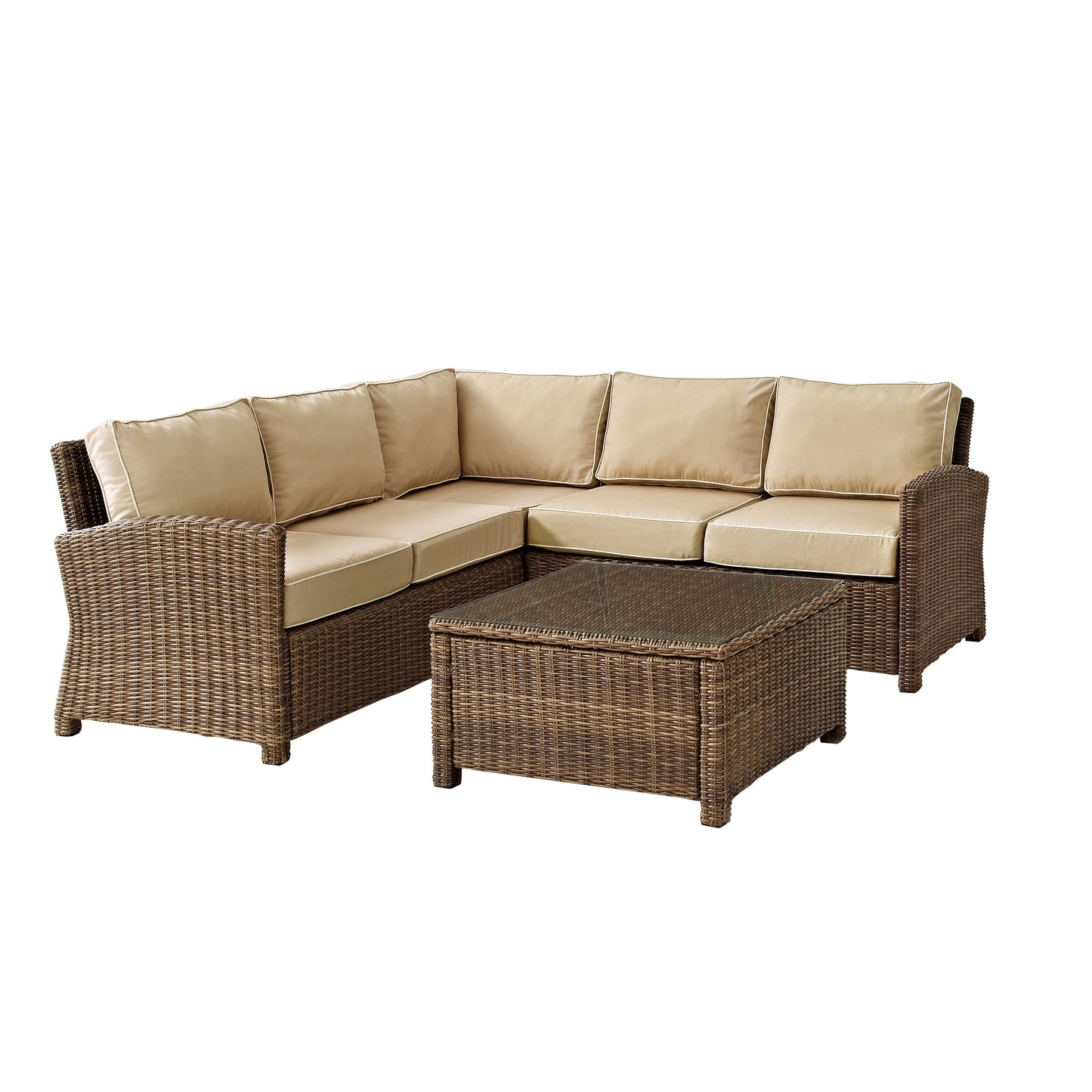 Bradenton 4Pc Outdoor Wicker Sectional Set Sand/Weathered Brown - Right Corner Loveseat, Left Corner Loveseat, Corner Chair, & Sectional Glass Top Coffee Table