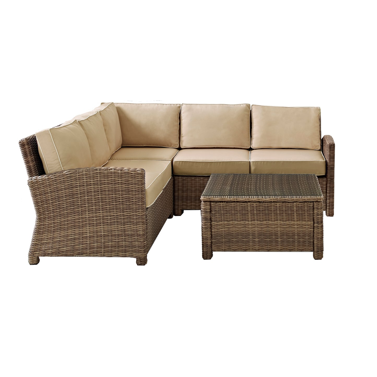 Bradenton 4Pc Outdoor Wicker Sectional Set Sand/Weathered Brown - Right Corner Loveseat, Left Corner Loveseat, Corner Chair, & Sectional Glass Top Coffee Table