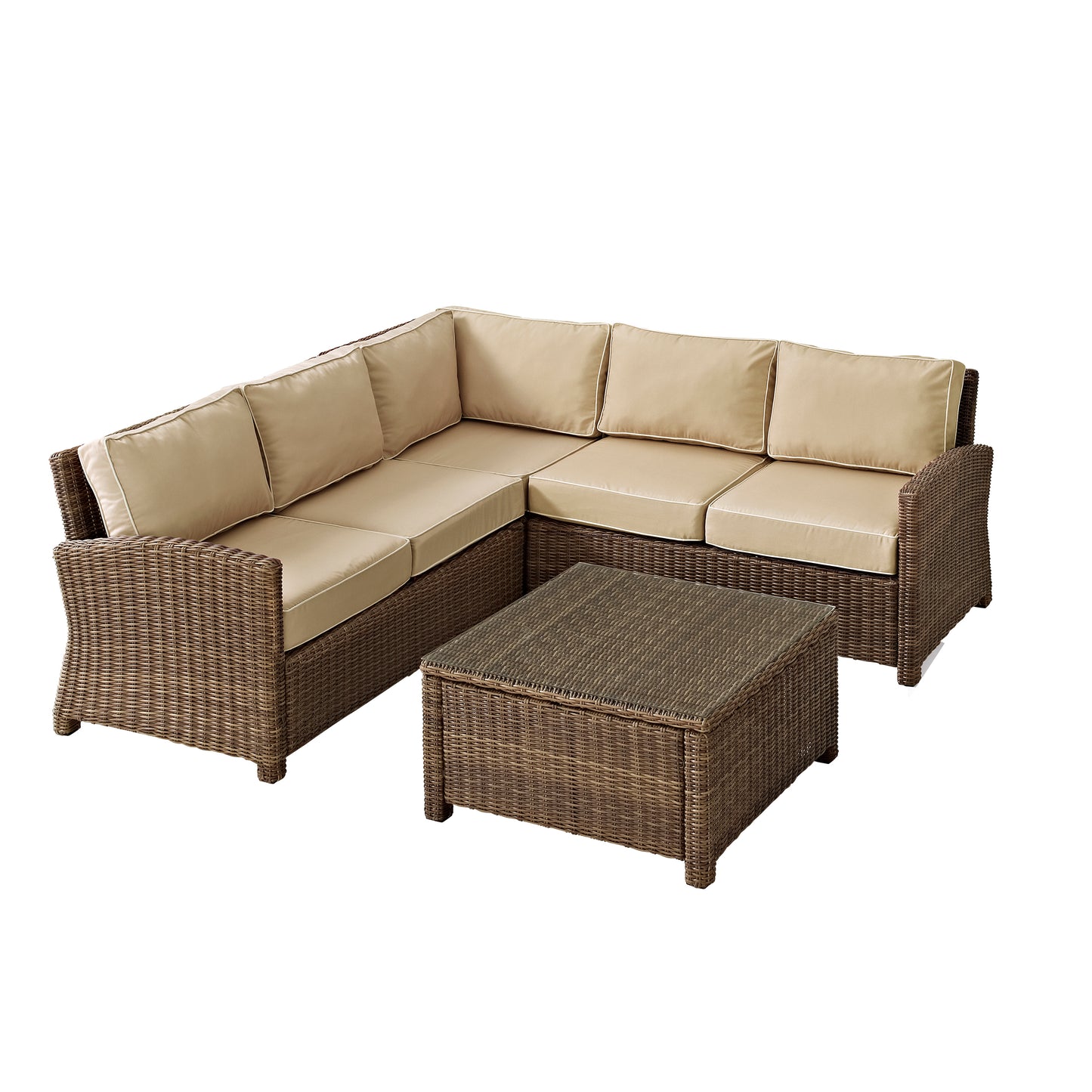 Bradenton 4Pc Outdoor Wicker Sectional Set Sand/Weathered Brown - Right Corner Loveseat, Left Corner Loveseat, Corner Chair, & Sectional Glass Top Coffee Table