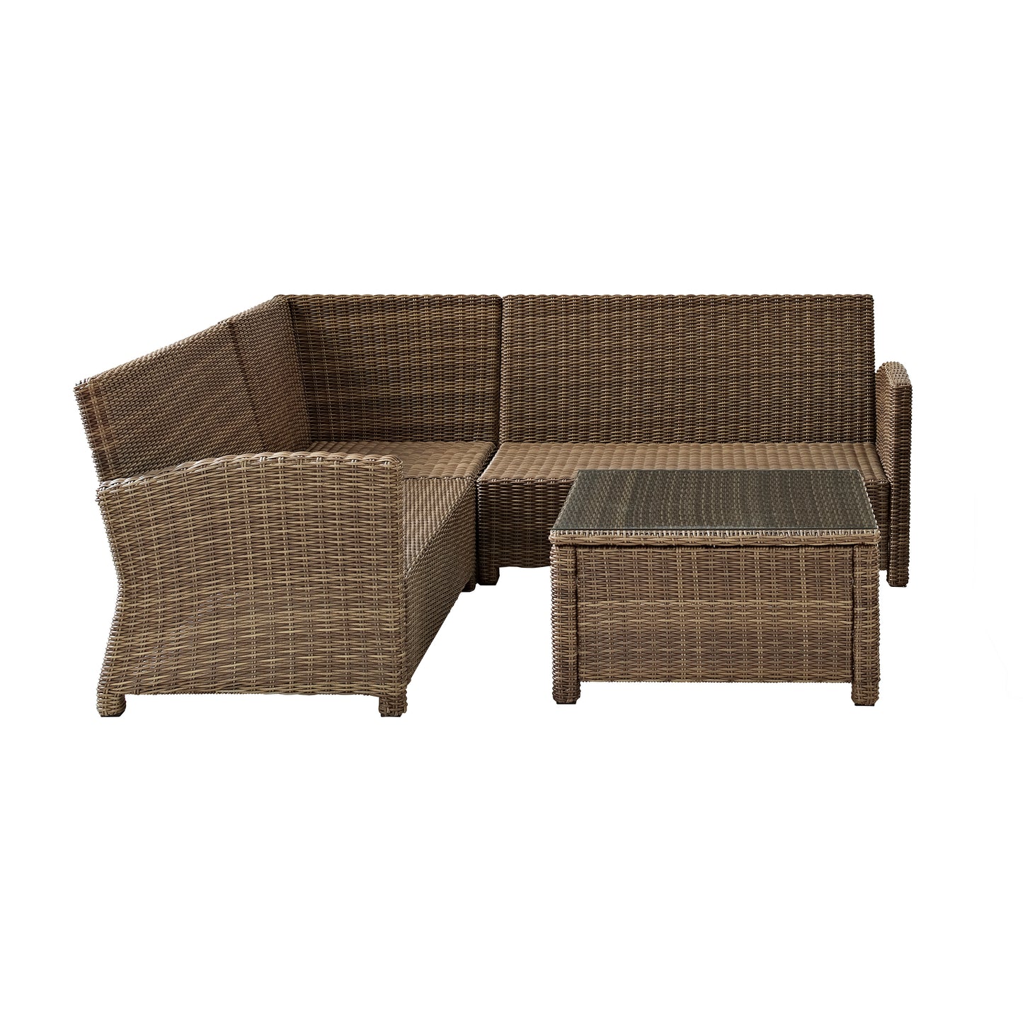 Bradenton 4Pc Outdoor Wicker Sectional Set Sand/Weathered Brown - Right Corner Loveseat, Left Corner Loveseat, Corner Chair, & Sectional Glass Top Coffee Table