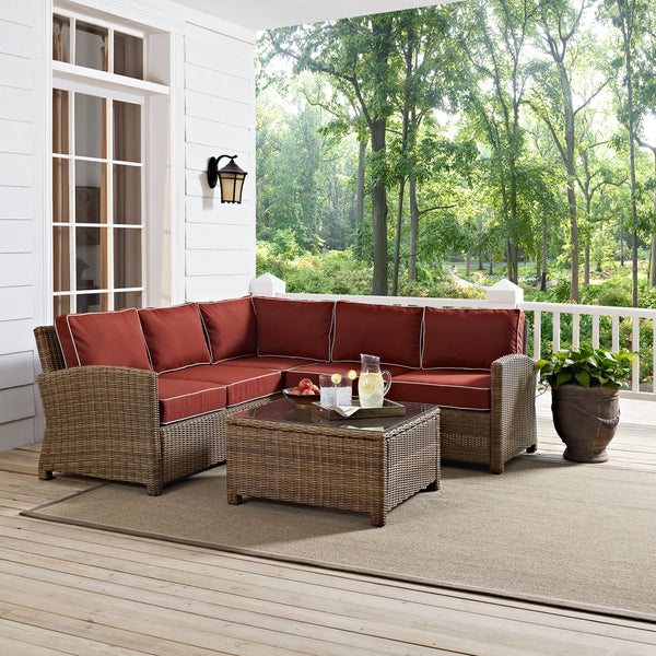 Bradenton 4Pc Outdoor Wicker Sectional Set Sangria/Weathered Brown - Right Corner Loveseat, Left Corner Loveseat, Corner Chair, & Sectional Glass Top Coffee Table