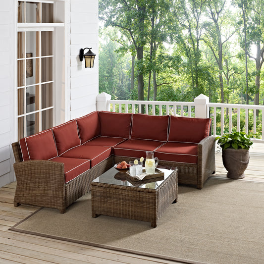 Bradenton 4Pc Outdoor Wicker Sectional Set Sangria/Weathered Brown - Right Corner Loveseat, Left Corner Loveseat, Corner Chair, & Sectional Glass Top Coffee Table