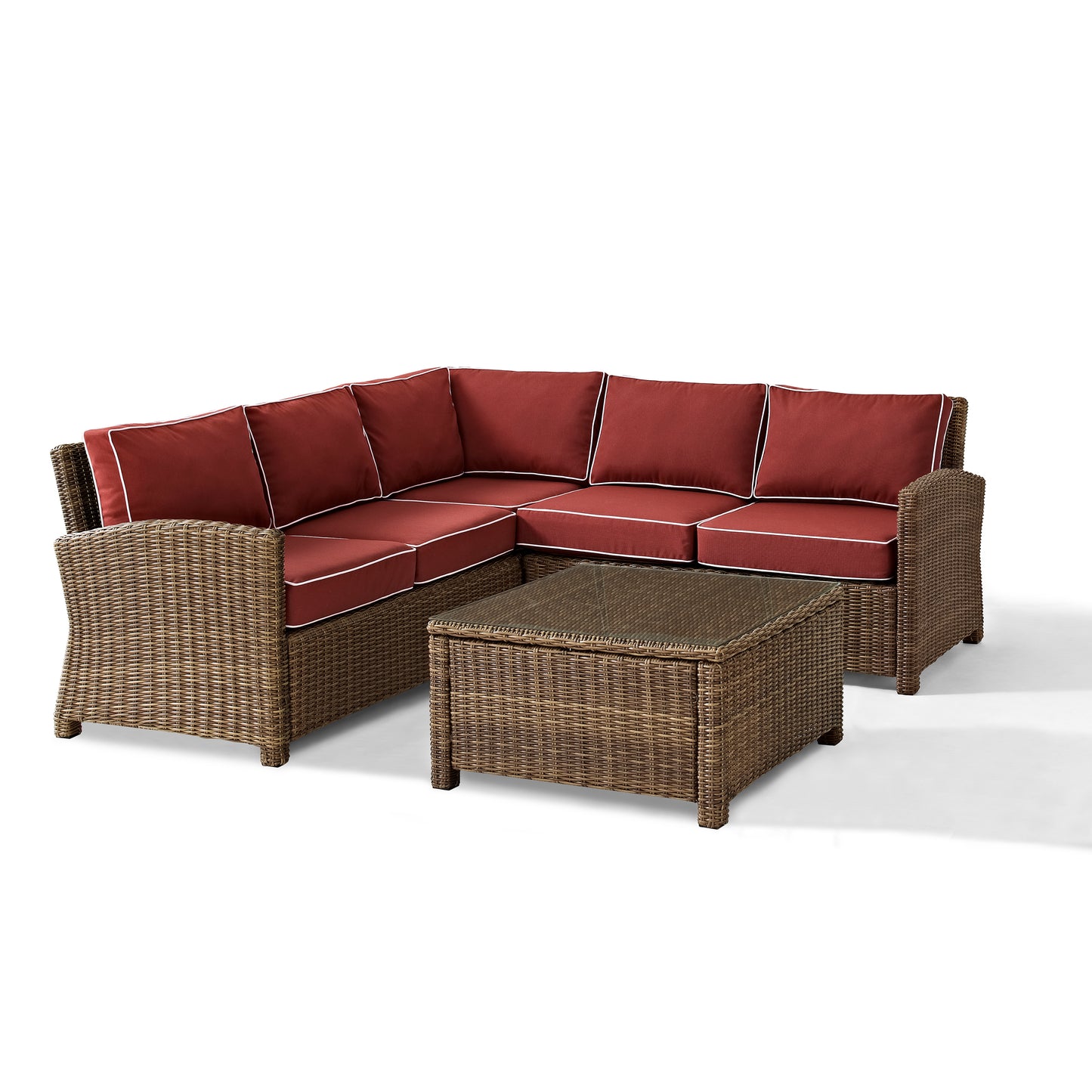 Bradenton 4Pc Outdoor Wicker Sectional Set Sangria/Weathered Brown - Right Corner Loveseat, Left Corner Loveseat, Corner Chair, & Sectional Glass Top Coffee Table