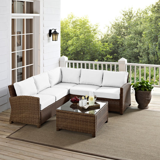 Bradenton 4Pc Outdoor Sectional Set - Sunbrella White/Weathered Brown - Right Corner Loveseat, Left Corner Loveseat, Corner Chair, & Sectional Glass Top Coffee Table