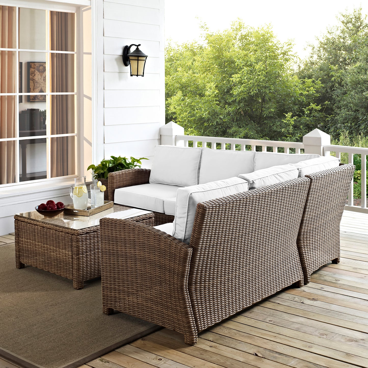 Bradenton 4Pc Outdoor Sectional Set - Sunbrella White/Weathered Brown - Right Corner Loveseat, Left Corner Loveseat, Corner Chair, & Sectional Glass Top Coffee Table