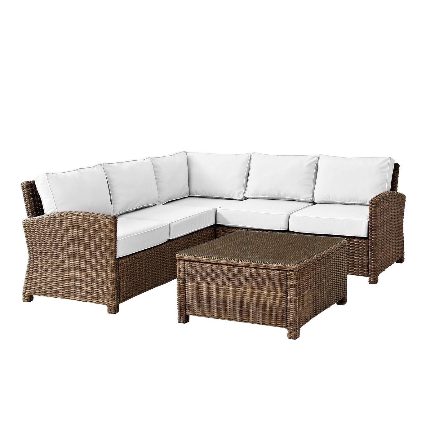 Bradenton 4Pc Outdoor Sectional Set - Sunbrella White/Weathered Brown - Right Corner Loveseat, Left Corner Loveseat, Corner Chair, & Sectional Glass Top Coffee Table