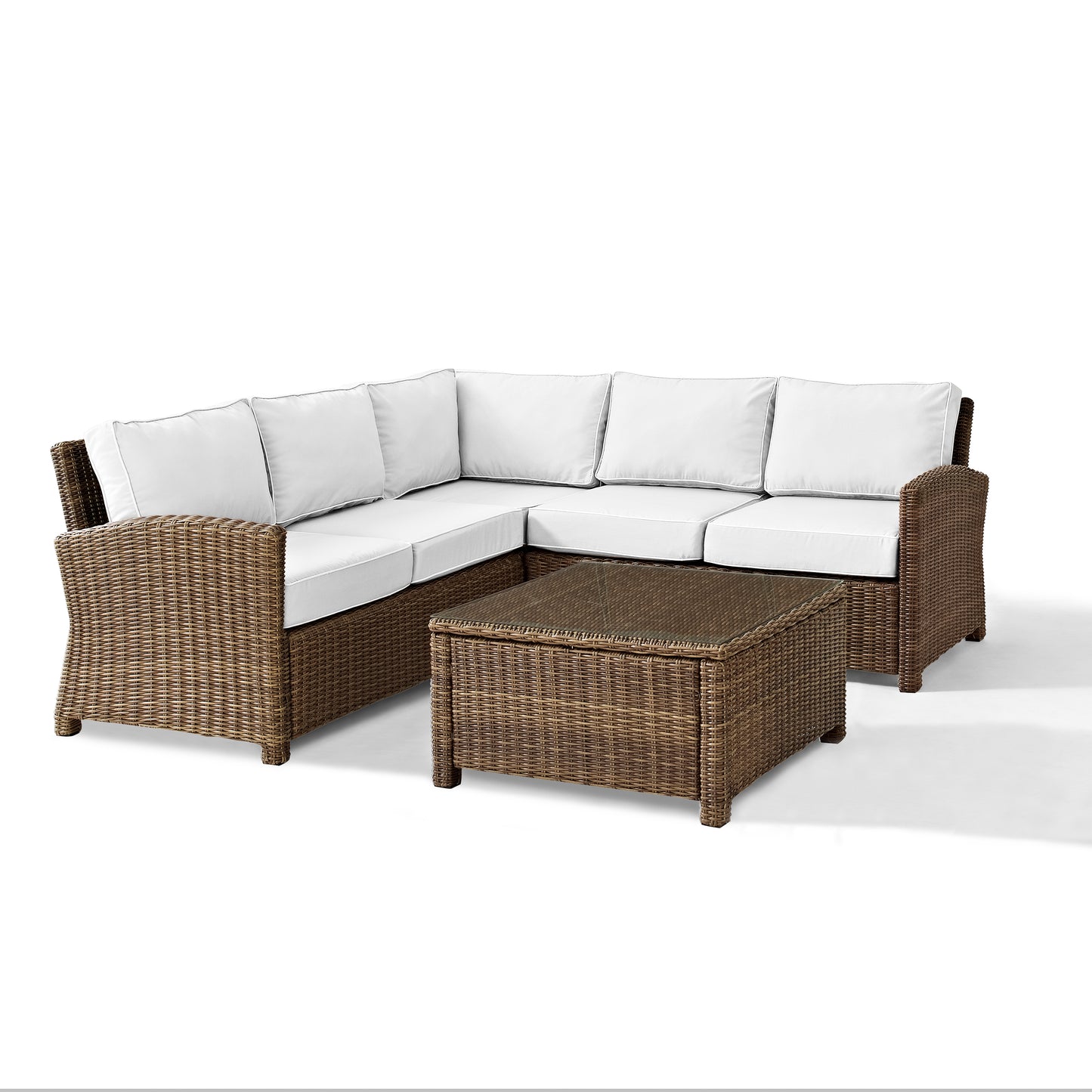 Bradenton 4Pc Outdoor Sectional Set - Sunbrella White/Weathered Brown - Right Corner Loveseat, Left Corner Loveseat, Corner Chair, & Sectional Glass Top Coffee Table