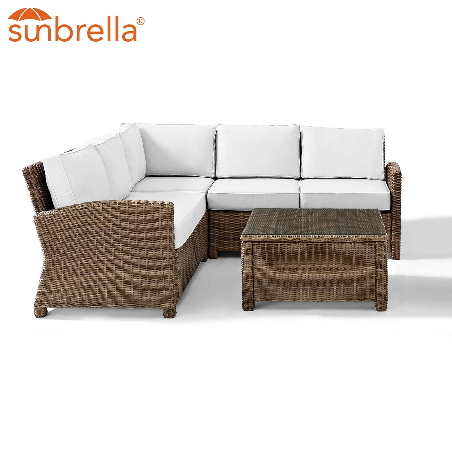 Bradenton 4Pc Outdoor Sectional Set - Sunbrella White/Weathered Brown - Right Corner Loveseat, Left Corner Loveseat, Corner Chair, & Sectional Glass Top Coffee Table