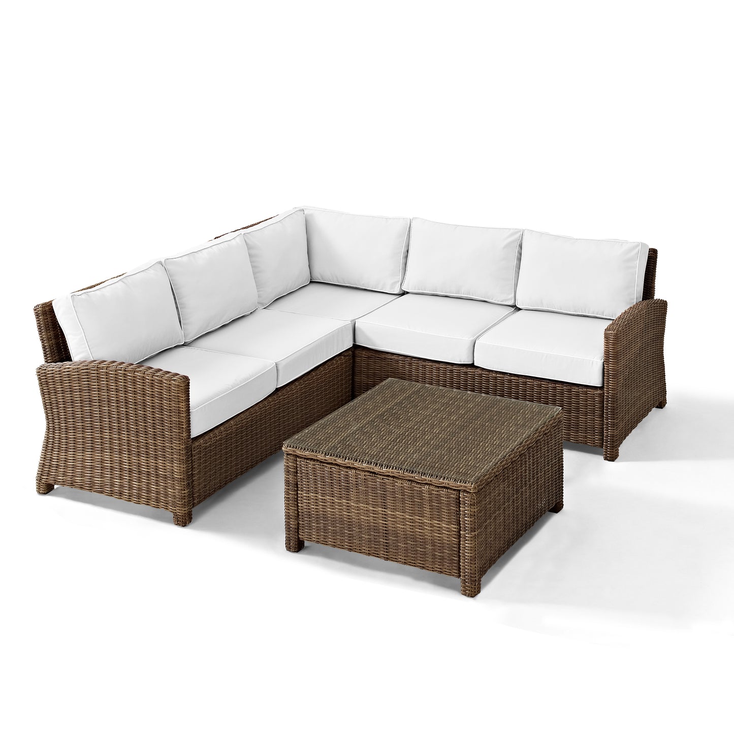 Bradenton 4Pc Outdoor Sectional Set - Sunbrella White/Weathered Brown - Right Corner Loveseat, Left Corner Loveseat, Corner Chair, & Sectional Glass Top Coffee Table