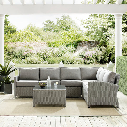 Bradenton 5Pc Outdoor Wicker Sectional Set Gray/Gray - Right Side Loveseat, Left Side Loveseat, Corner Chair, Center Chair, & Sectional Glass Top Coffee Table