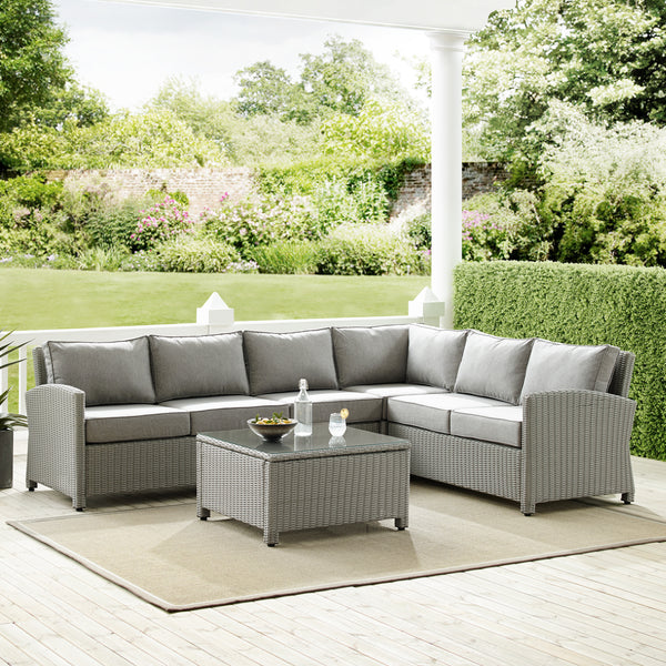 Bradenton 5Pc Outdoor Wicker Sectional Set Gray/Gray - Right Side Loveseat, Left Side Loveseat, Corner Chair, Center Chair, & Sectional Glass Top Coffee Table