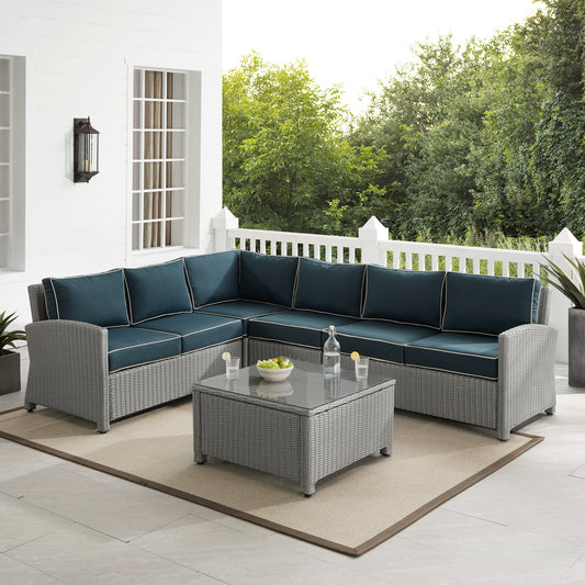 Bradenton 5Pc Outdoor Wicker Sectional Set Navy/Gray - Right Side Loveseat, Left Side Loveseat, Corner Chair, Center Chair, & Sectional Glass Top Coffee Table