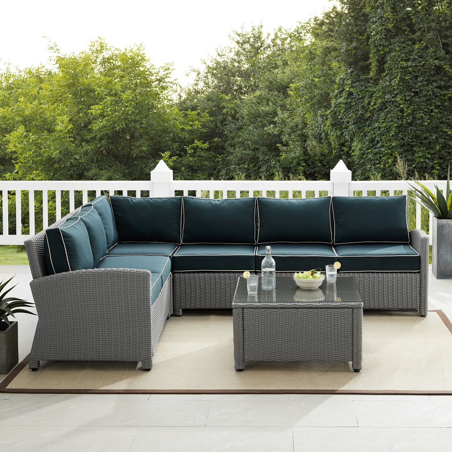 Bradenton 5Pc Outdoor Wicker Sectional Set Navy/Gray - Right Side Loveseat, Left Side Loveseat, Corner Chair, Center Chair, & Sectional Glass Top Coffee Table