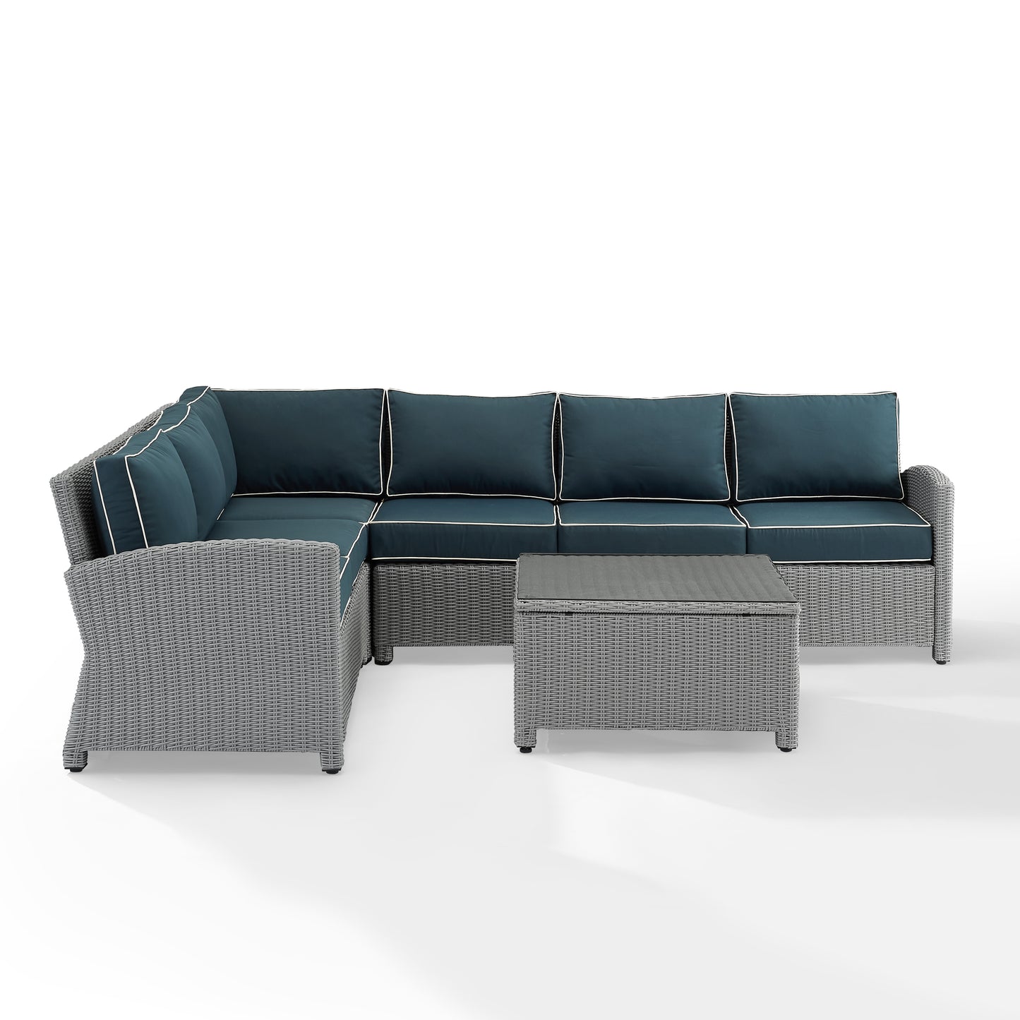 Bradenton 5Pc Outdoor Wicker Sectional Set Navy/Gray - Right Side Loveseat, Left Side Loveseat, Corner Chair, Center Chair, & Sectional Glass Top Coffee Table