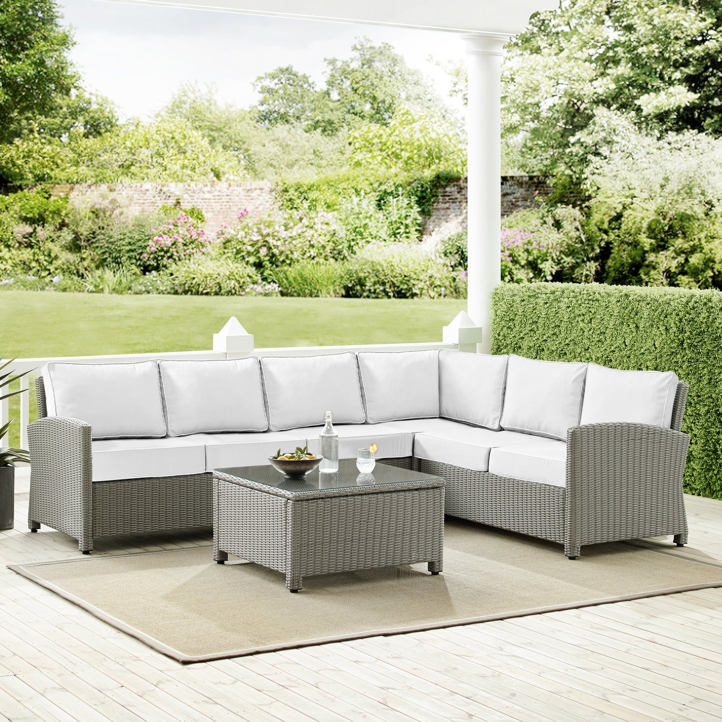 Bradenton 5Pc Outdoor Sectional Set - Sunbrella White/Gray - Right Side Loveseat, Left Side Loveseat, Corner Chair, Center Chair, & Sectional Glass Top Coffee Table