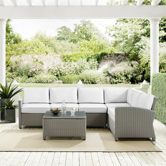 Bradenton 5Pc Outdoor Sectional Set - Sunbrella White/Gray - Right Side Loveseat, Left Side Loveseat, Corner Chair, Center Chair, & Sectional Glass Top Coffee Table