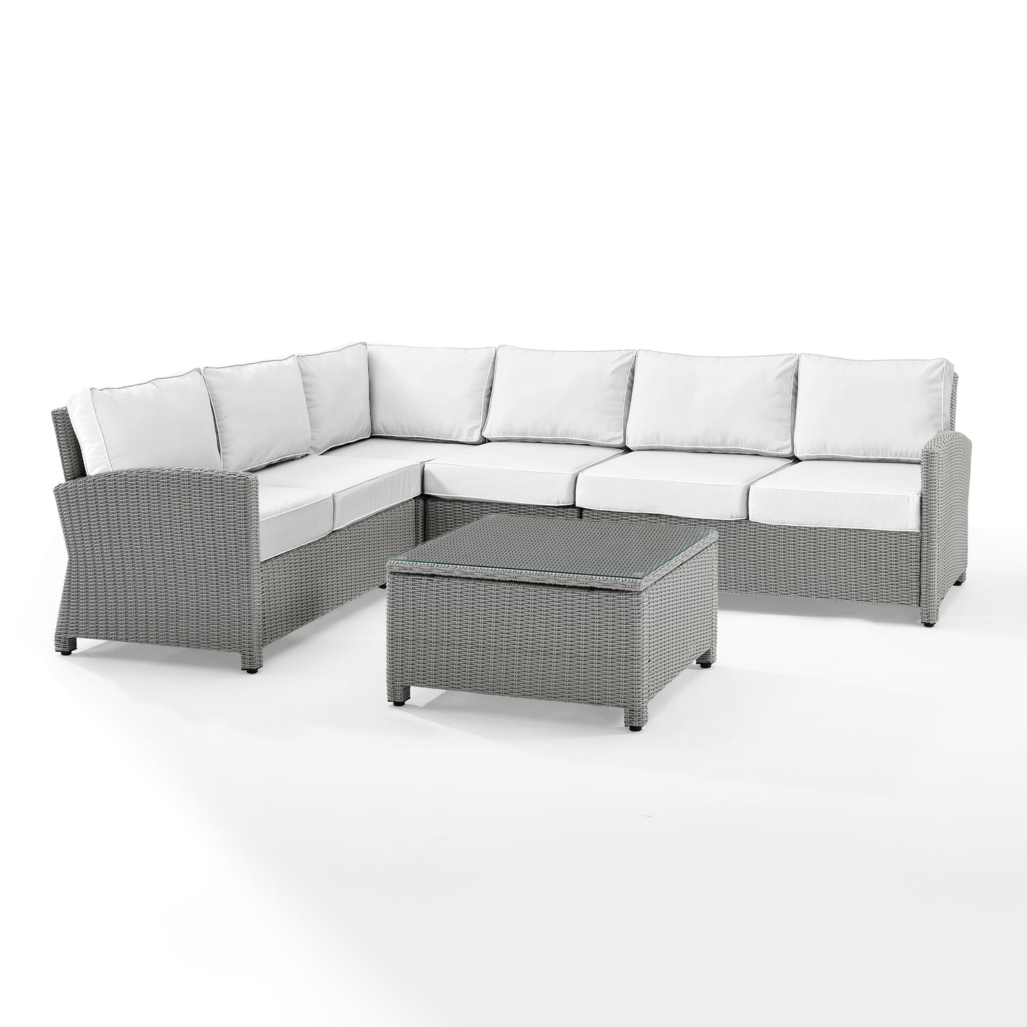 Bradenton 5Pc Outdoor Sectional Set - Sunbrella White/Gray - Right Side Loveseat, Left Side Loveseat, Corner Chair, Center Chair, & Sectional Glass Top Coffee Table