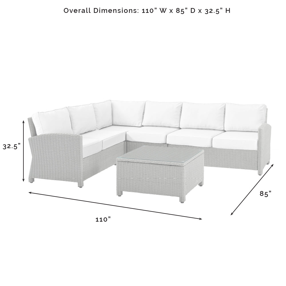 Bradenton 5Pc Outdoor Sectional Set - Sunbrella White/Gray - Right Side Loveseat, Left Side Loveseat, Corner Chair, Center Chair, & Sectional Glass Top Coffee Table