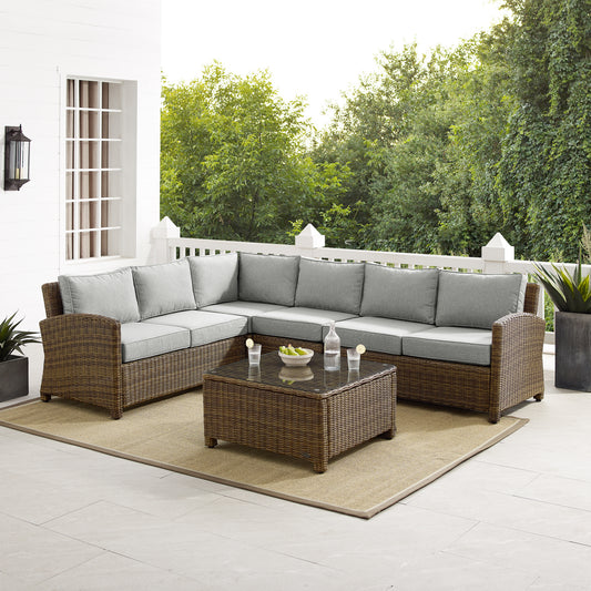 Bradenton 5Pc Outdoor Wicker Sectional Set Gray/Weathered Brown - Right Side Loveseat, Left Side Loveseat, Corner Chair, Center Chair, & Sectional Glass Top Coffee Table